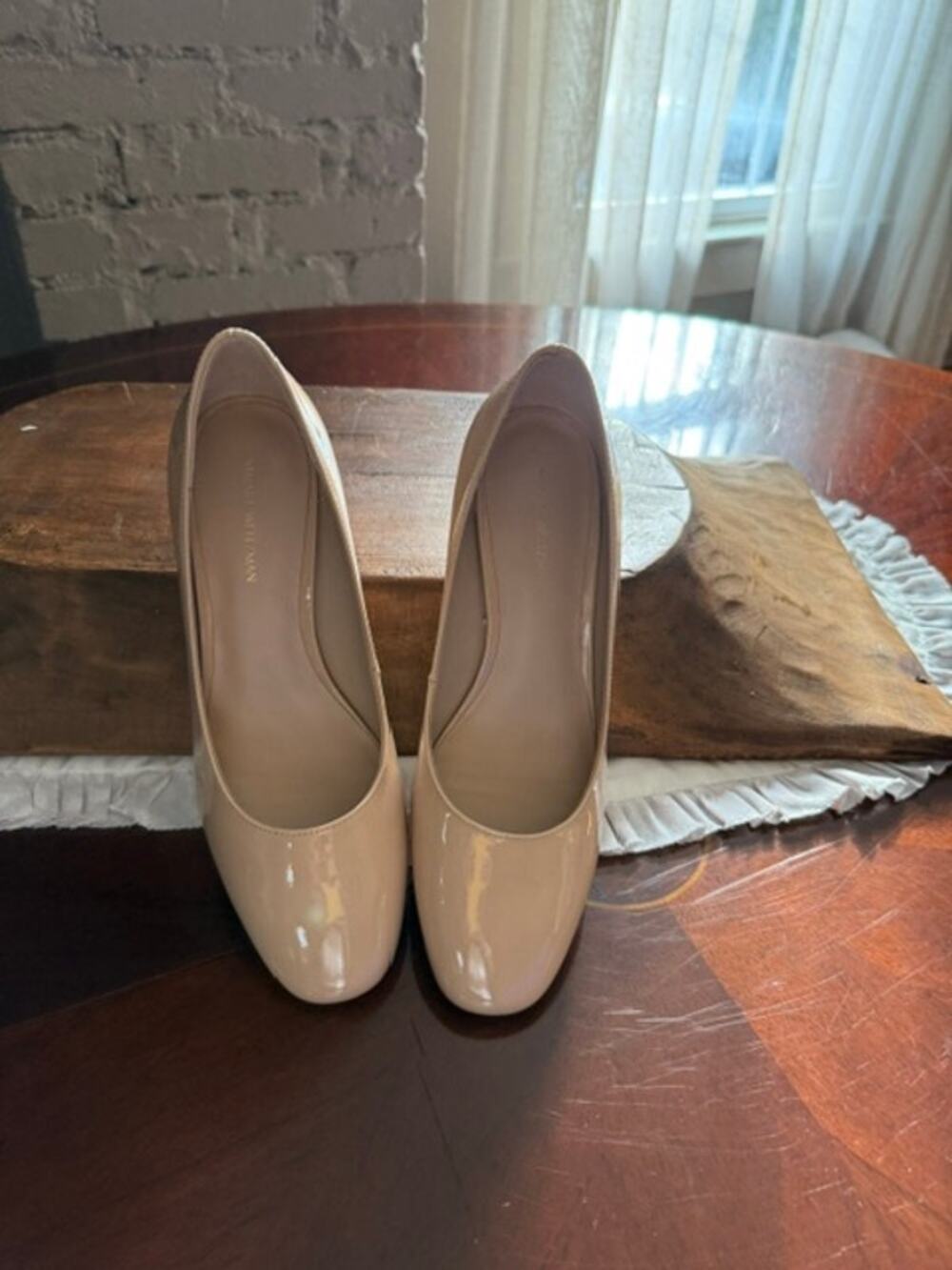 Stuart Weitzman Molly 60 Nude Patent Block Heel Pumps Size 8 New